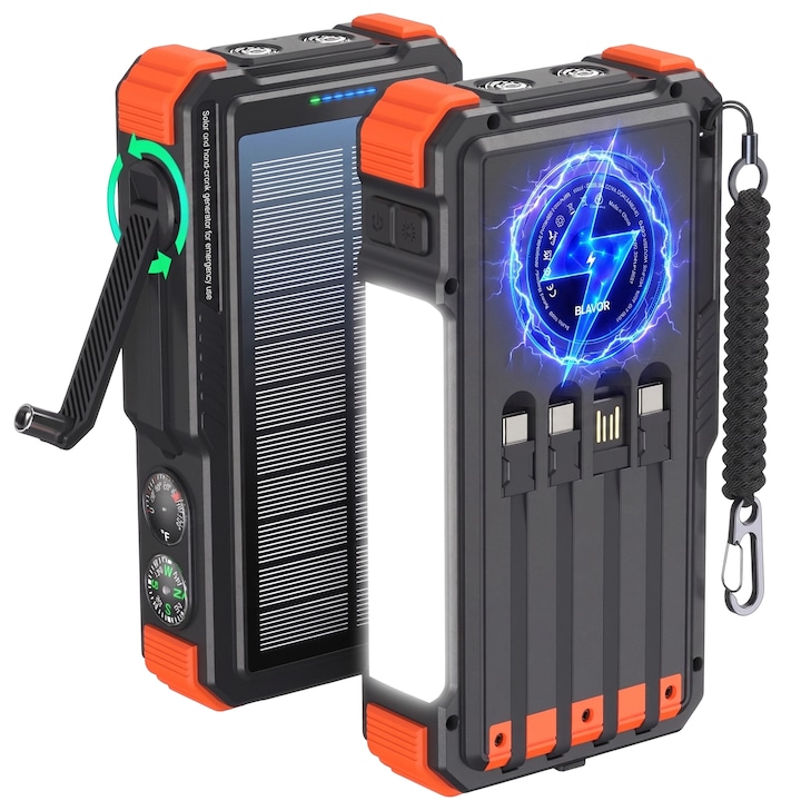 Power bank solar Extralink 20000 mAh, 20W, incarcare wireless, dinam, lampa LED si lanterna, baterie externa portabila pentru smartphone, camping si calatorii