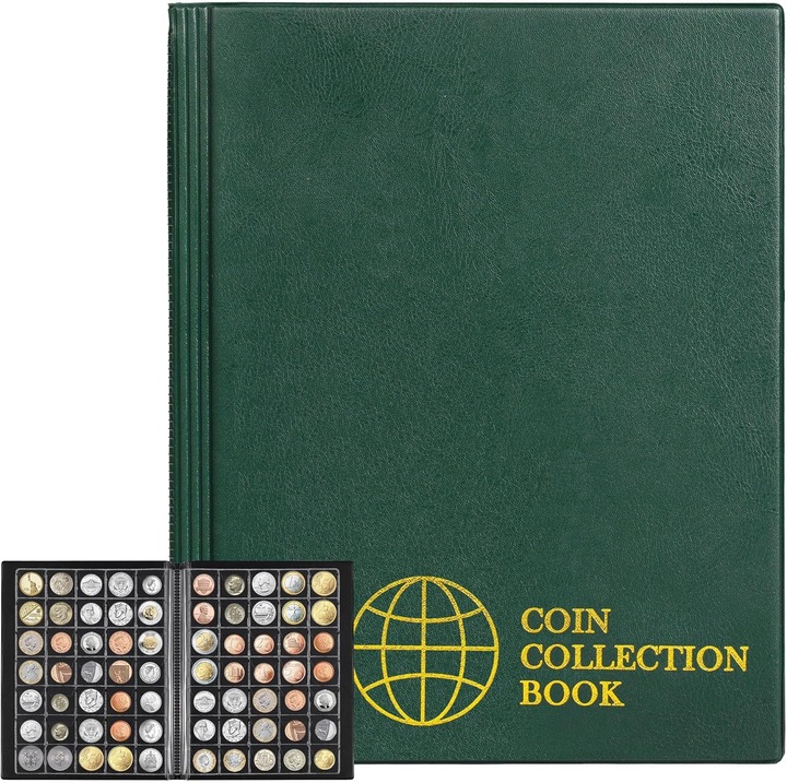 Album pentru monede Uncle Paul cu 420 de compartimente – 28 x 29 mm / 1, 1 x 1, 1 inch, verde, carte pentru monede cu 10 pagini, suport pentru colectia de monede, carte de depozitare a monedelor CS0242GR
