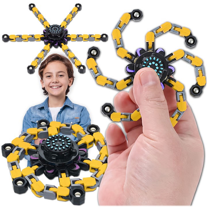 Fidget Spinner 2 in 1, robot transformabil, spinner antistres, jucarie senzoriala pentru copii si adulti, compacta, cu miscare fluida, ideala pentru birou, scoala si cadouri, Galben