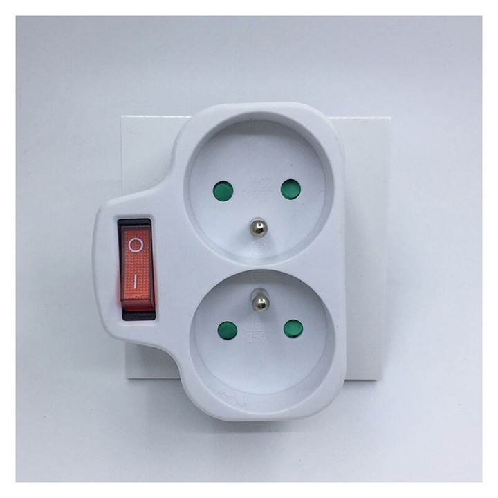 Prelungitor 2 prize cu intrerupator, 16A, 230V, alb, 8.5x6.7x7.8cm