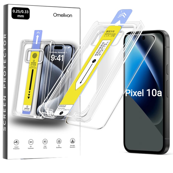 Folie de Protectie pentru Google Pixel 10a, Omelivon, Sticla Securizata, cu Kit de Aplicare Instanta si Functie Automata de Indepartare a Prafului, Duritate 9H+, Ultra HD, Anti Amprente