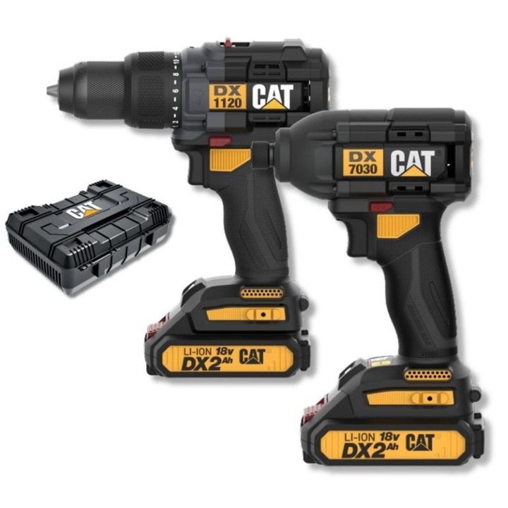 Set combinat fara perii CAT DXK201 Power+ 18V, din 2 piese, cu masina de gaurit cu percutie si insurubatoare cu impact