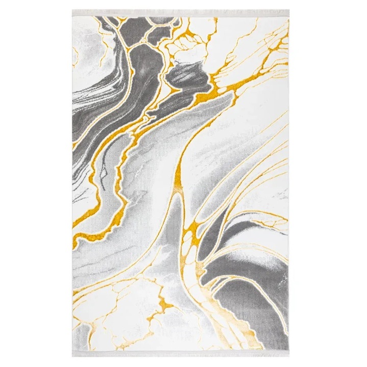 Covor living Auriu/Alb 53474A, 300 x 400 cm, fir 10 mm, material suport bumbac, textura moale, placuta la atingere, finisaj Laser-cut lateral, franjuri gri perla