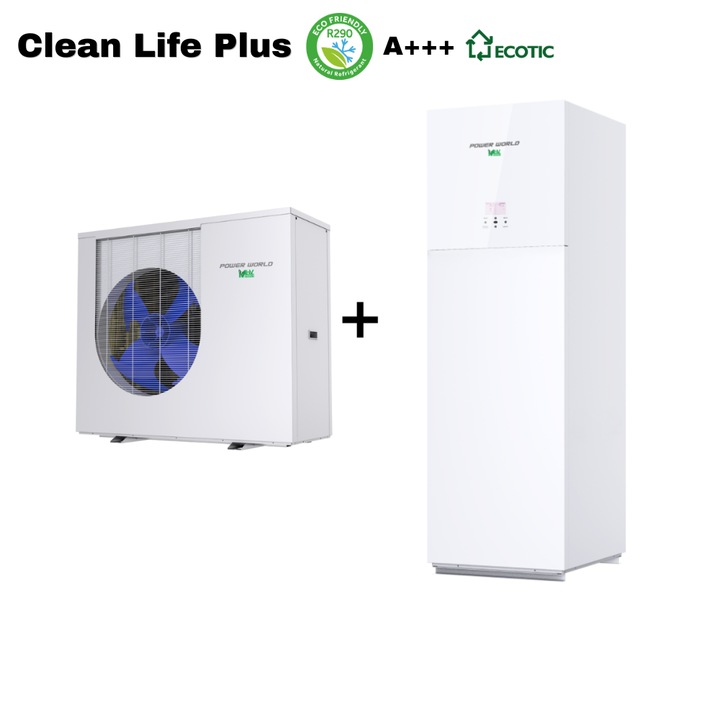 Pompa de caldura aer-apa, R290, monobloc, 11.4 kW th, monofazata, PW040-CL+ MF Tank 200L Boiler + 30L Puffer, pachet complet, Clean Life Plus, Power World