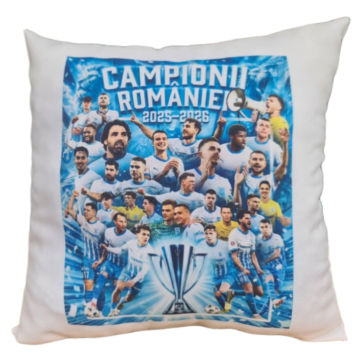 Perna decorativa cu imprimeu Universitatea Craiova, campionii Romaniei 2026, poliester, 30x30 cm, multicolor