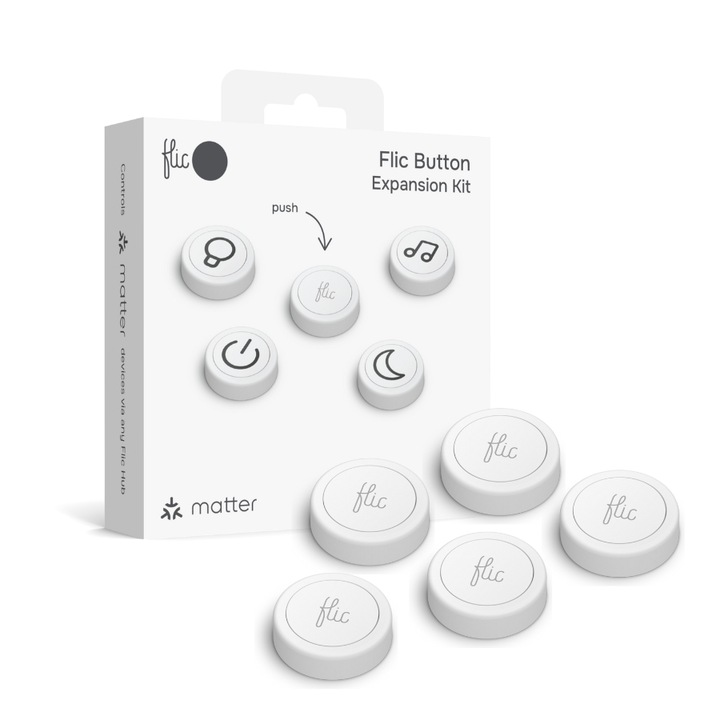 Flic Smart Button 5 darabos kapcsolókészlet, 3 vezérlési mód, CR2032, Bluetooth, Fehér