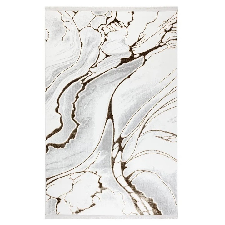 Covor living Maro/Alb 53474A, 300 x 400 cm, fir 10 mm, material suport bumbac, textura moale, placuta la atingere, finisaj Laser-cut lateral, franjuri gri perla