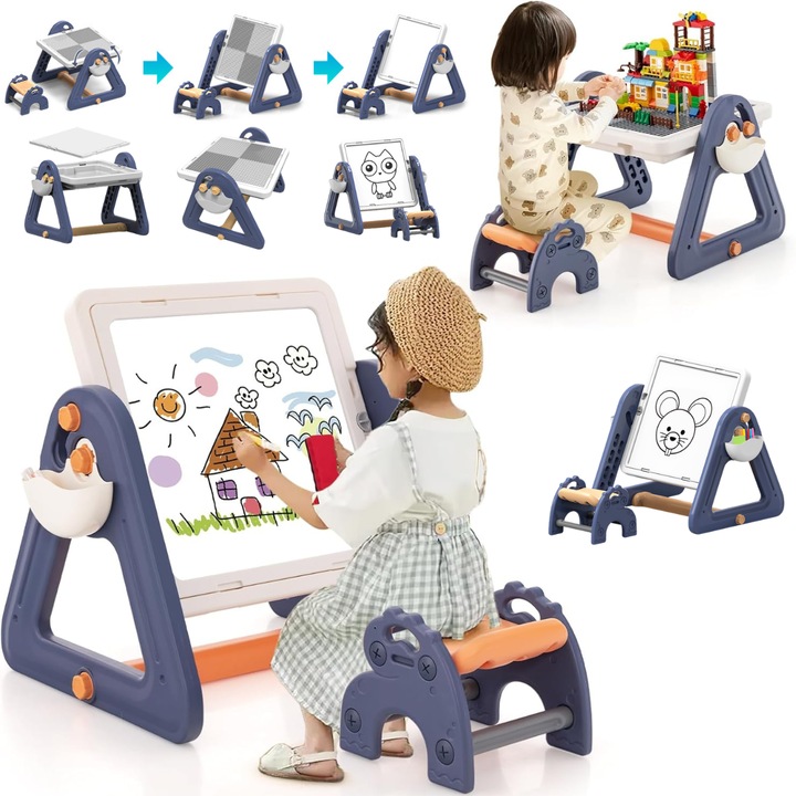 Masa Multifunctionala pentru Copii 6 in 1 cu Scaunel, Tabla de Scris / Desenat, VisionHub®, Masa Activitati si Invatare, Depozitare si Joc cu Apa/Nisip, Reglabila, Tabla pentru Cuburi si Caramizi de Constructie, 3-6 ani
