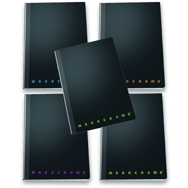 Set 5 bucati caiet A5, Pigna, colectia Monocrome, 80 file, matematica, 70gr/mp, coperta plastic negru