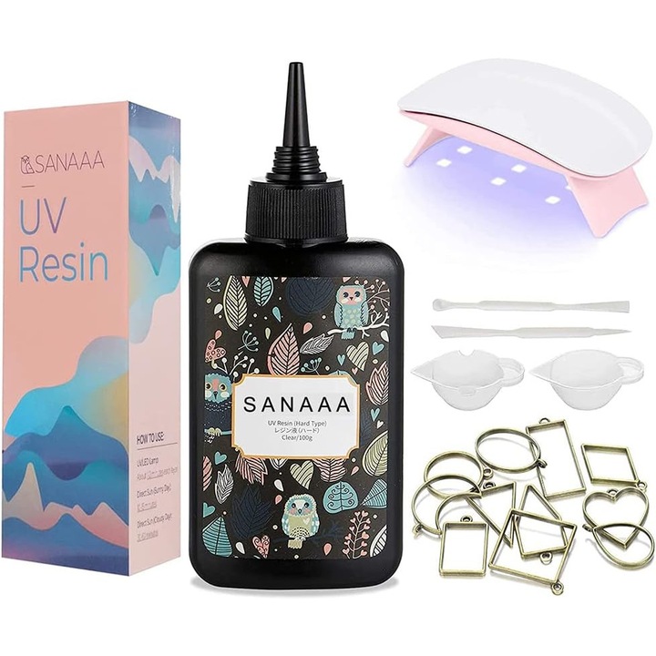 Kit complet rasina UV + accesorii, SANAAA, 100g, lampa UV LED 6W, pentru bijuterii