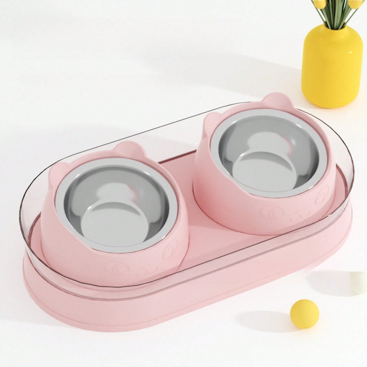 Castron ceramic dublu pentru pisici, roz, individual ambalat