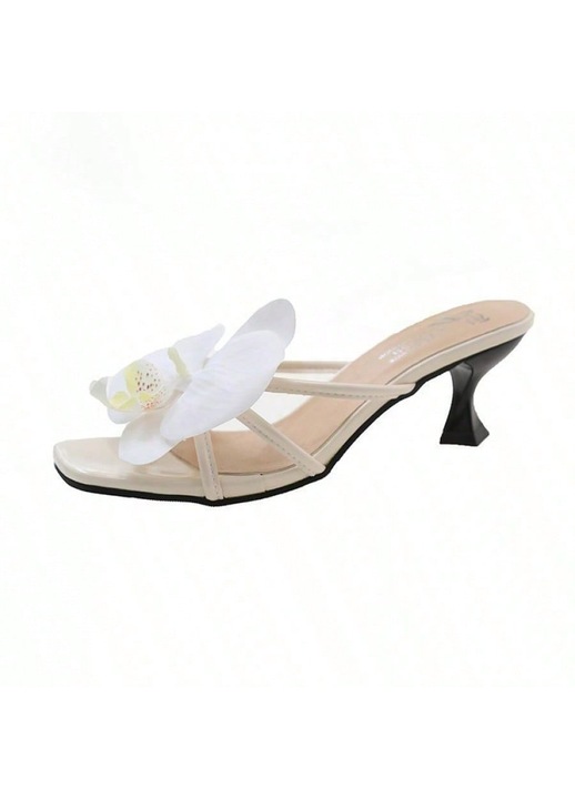 Papuci pentru dama, model cu floare 3D, toc inalt, bej, elegant/casual