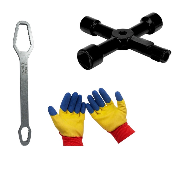 Cheie universala tip torx, 2 capete, dimensiuni 08-13/14-24 mm, cu auto strangere, otel carbon, lungime 23 cm cu Cheie multifunctionala, 4 in1 - rotund 6mm/triunghiular 10 mm/ patrat 8mm/ patrat 10 mm -, pentru camine utilitati si Set manusi protectie