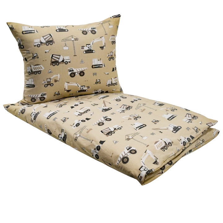 Set lenjerie de pat pentru copii, Głęboki Sen, 90x120 cm cu 1 fata de perna 50x60 cm, Bej/Maro, imprimeu excavatoare, utilaje, 100% bumbac, inchidere cu fermoar, certificat OEKO-TEX, material moale, respirabil, reversibil, rezistent