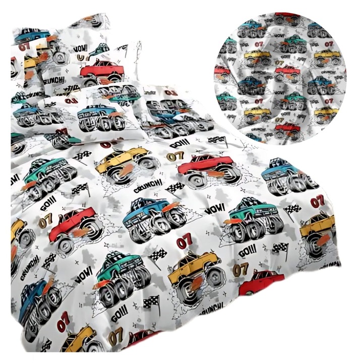 Set lenjerie de pat pentru copii 3D, Cotton world, 140x200 cm cu 1 fata de perna 70x80 cm, Multicolor, imprimeu Monster Truck, satin din bumbac, inchidere cu fermoar, certificat OEKO-TEX, design modern, elegant, moale, foarte confortabil