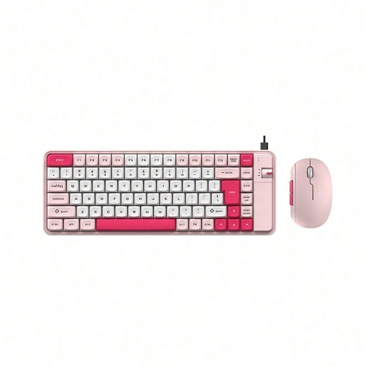 Tastatura si mouse wireless dual set, roz alb rosu, QW07, reincarcabil