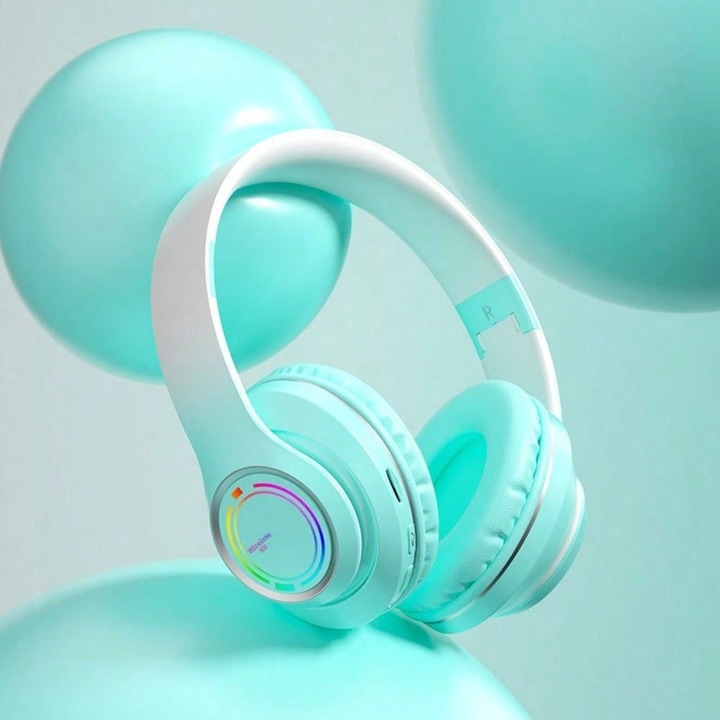 Vezeték nélküli fejhallgató, zöld színátmenetes, Bluetooth 5.3, 40mm-es hangszóró, összecsukható, mikrofonnal, kampókkal, gaming, hordozható