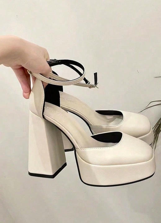 Pantofi dama, stil Mary Jane, toc masiv, varf patrat, bej, impermeabil