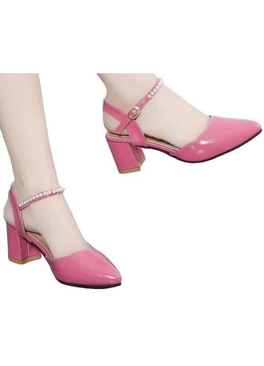 Pantofi dama, Toc gros, Perle, Roz