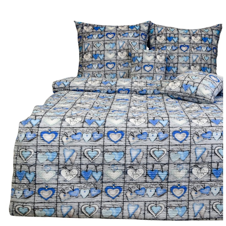 Krepp ágynemű garnitúra, 140x200 cm, 2 db 70x80 cm, fa háttér kék szívekkel, vastag pamut 160g/m2, cipzárral, Oeko-Tex 100, vasalásmentes, elegáns rusztikus design, nagyon kényelmes és kellemes tapintású