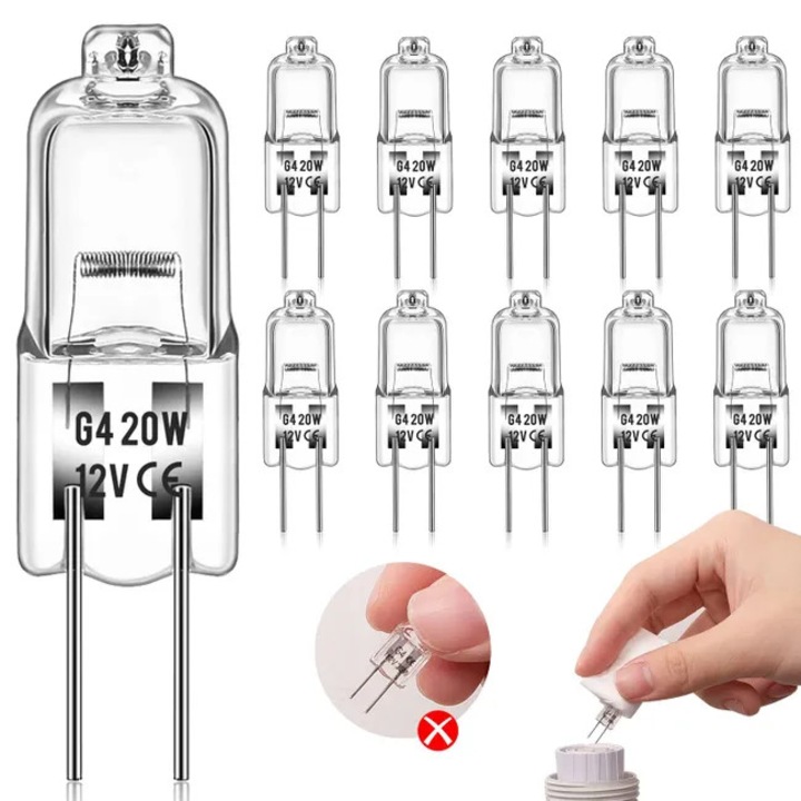 Bec halogen G4 (10 bucati) 12V 20W cu intensitate reglabila Pentru inlocuirea candelabrelor de cristal, a reclamelor luminoase, a luminilor de bucatarie