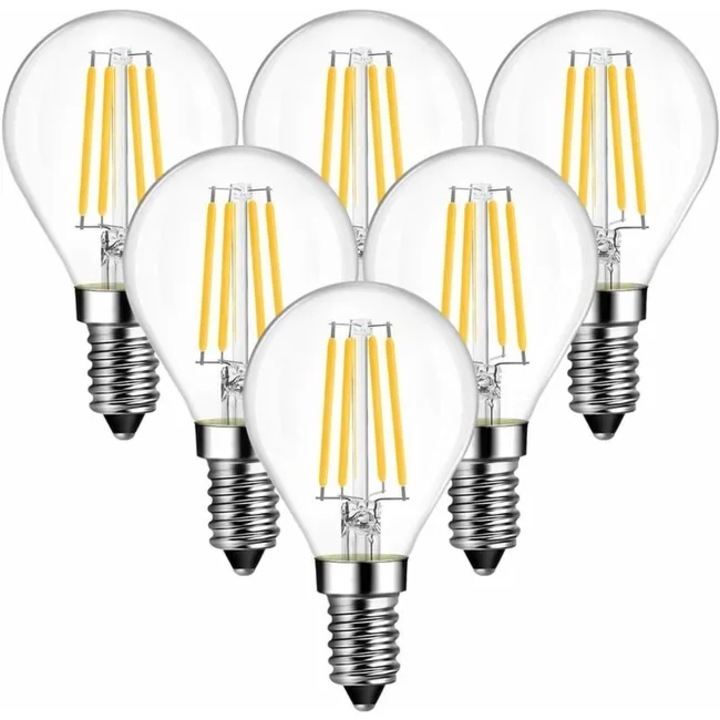E14 LED izzó, csepp forma, 4W, meleg fehér 2700K, G45 40W LED izzó, nem szabályozható fényerő, 6 darabos csomag