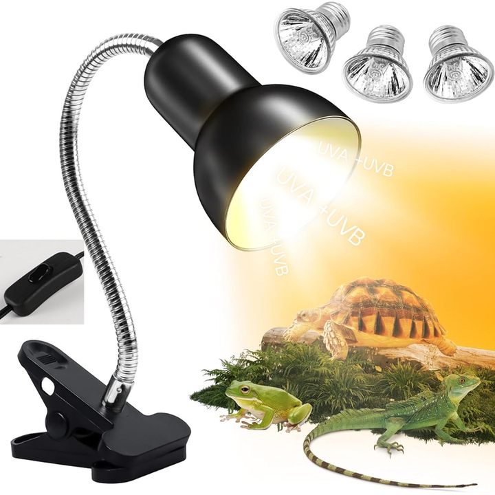 Lampa de incalzire pentru broaste testoase cu 3 becuri UVA/UVB (25W si 50W) pentru reptile si amfibieni