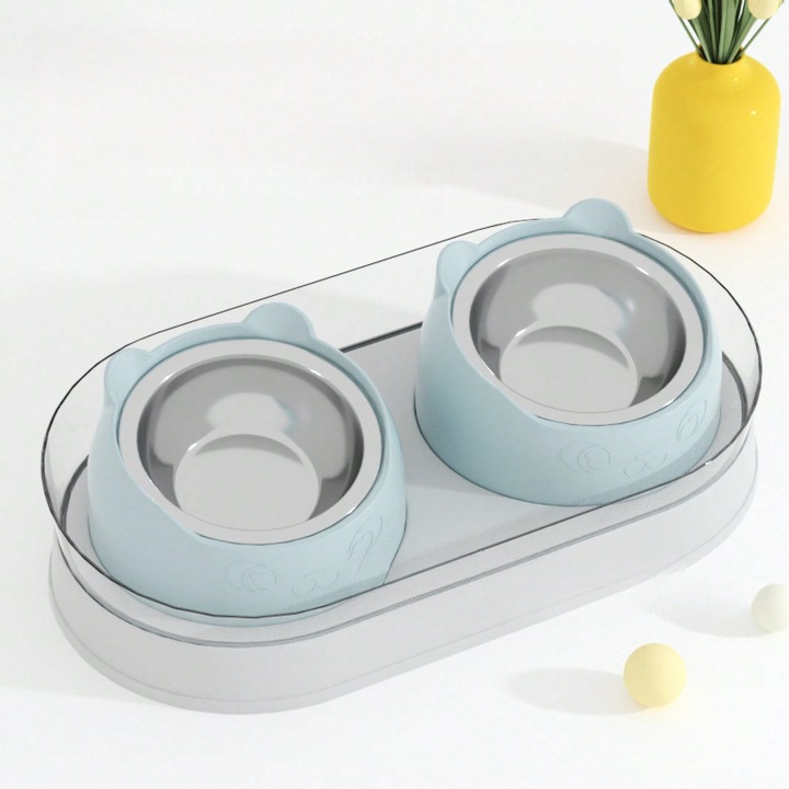 Castron ceramic dublu pentru pisici, inox, gri, 2 compartimente