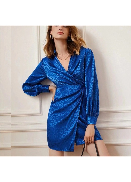 Rochie, imprimeu leopard, albastru regal, stil frantuzesc