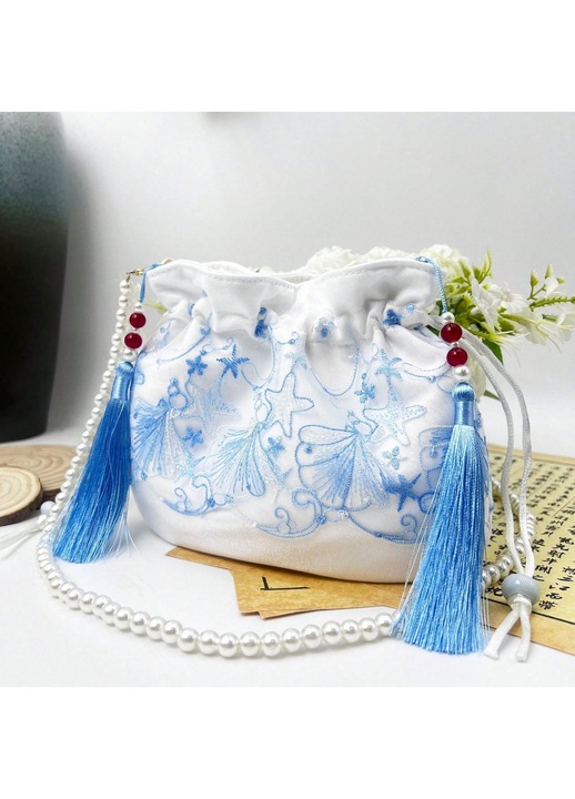 Gyerek táska, hanbok modell, csipke hímzés, gyöngylánc, kék-fehér, kicsi