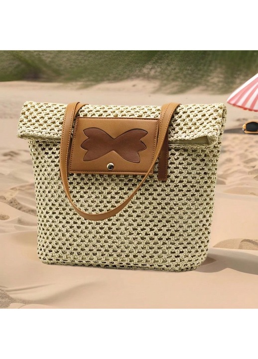 Geanta tote din rafie impletita, cu capacitate mare si model perforat, cu clapeta si manere din piele ecologica, Bej, 36x30x12 cm