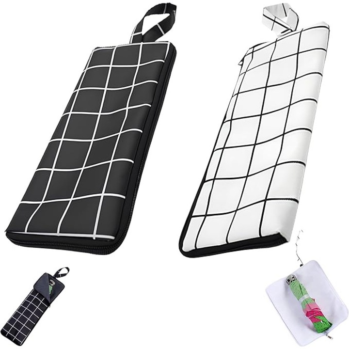 Set de 2 huse pentru umbrela, genti de depozitare pentru umbrele, huse pliabile impermeabile pentru umbrele, husa portabila reutilizabila pentru umbrele ude - model in carouri alb-negru, 38 x 12, 5 cm