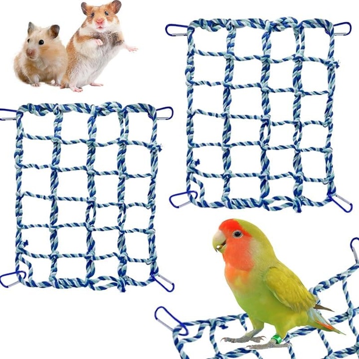 Set de 2 franghii de catarat din bumbac pentru custi de sobolani – Accesorii cu 4 carlige – Jucarii pentru hamsteri si animale mici – Albastru