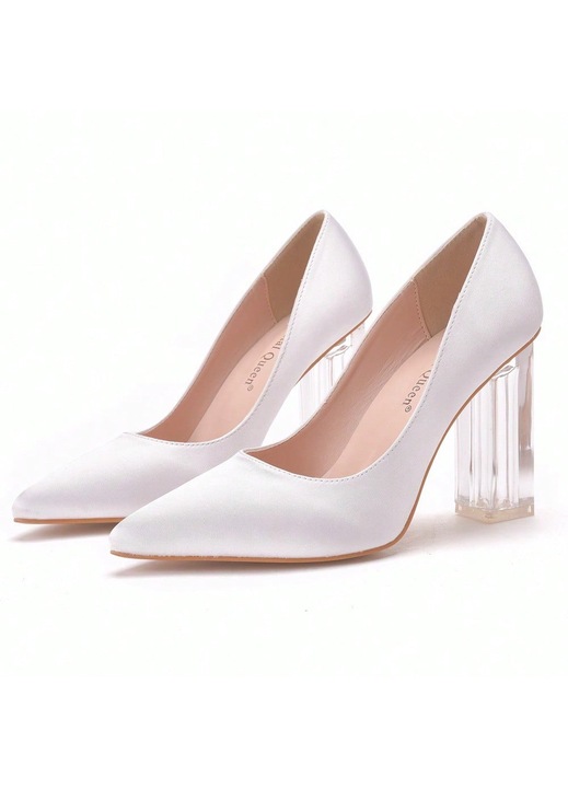Pantofi dama, toc transparent, varf ascutit, alb, satin