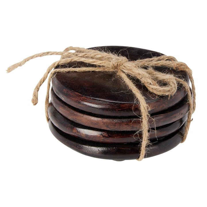 Set Suporturi Pahare, Koopman, Lemn de Mango, 4 Bucati, Finisaj Natur Intunecat, Protectie Masa Contra Caldurii si Umezelii, Design Rustic Elegant cu Sfoara de Iuta, Material Durabil, Accesoriu Decorativ, Diametru 10 cm, Maro