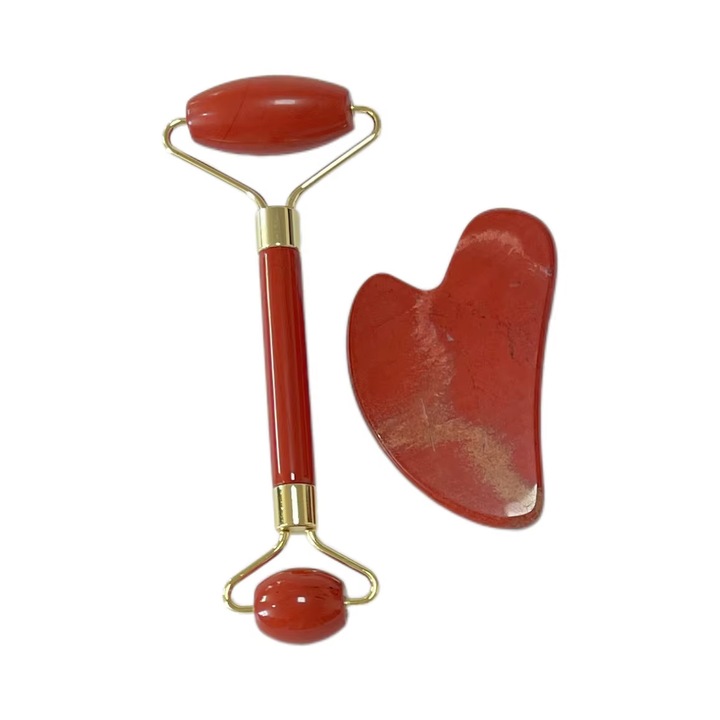 Roller Facial & Gua Sha – Set Ritual Masaj Facial Zilnic, Rosu
