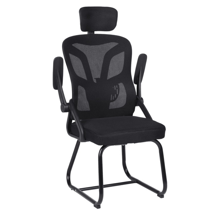 Scaun de birou DacEnergy©, ergonomic, plasa si plastic, tetiera reglabila, cotiere pliabile, portanta 130 kg, 61x54x113 cm, negru