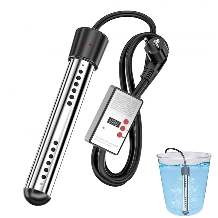 Incalzitor de apa prin imersie de 2000 W, otel inoxidabil, incalzitor de cada, indicator de temperatura, incalzitor electric de apa prin imersie, temporizator de oprire automata, model cu temperatura constanta