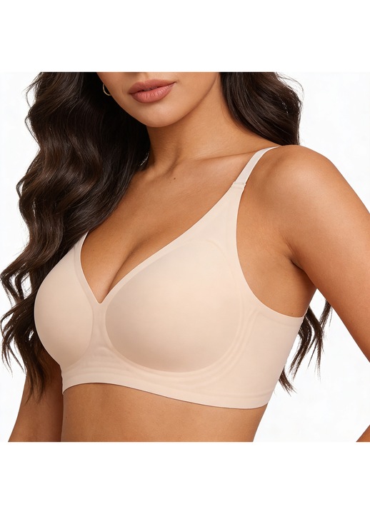ALIVONENZA - Női melltartó, Bustier típusú, Varrás nélküli (Seamless), Merevítő nélküli, Push-Up hatás szivaccsal, Mély V-nyakú, Láthatatlan, Kényelmes alváshoz és nappali viseletre, Bézs