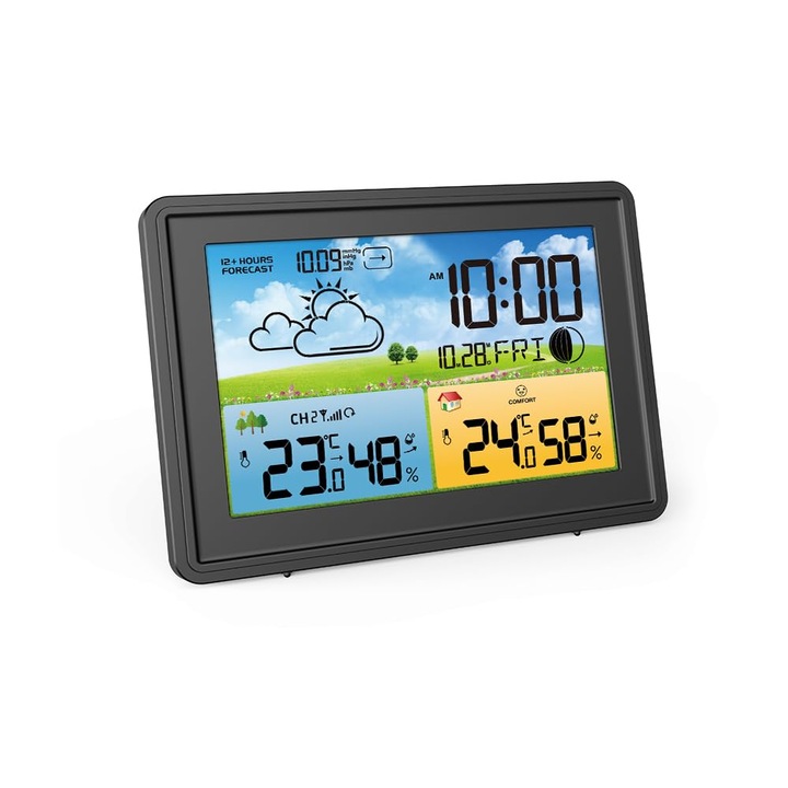 Statie meteo wireless cu senzor si adaptor exterior, ceas radio digital de interior si termometru exterior cu prognoza meteo
