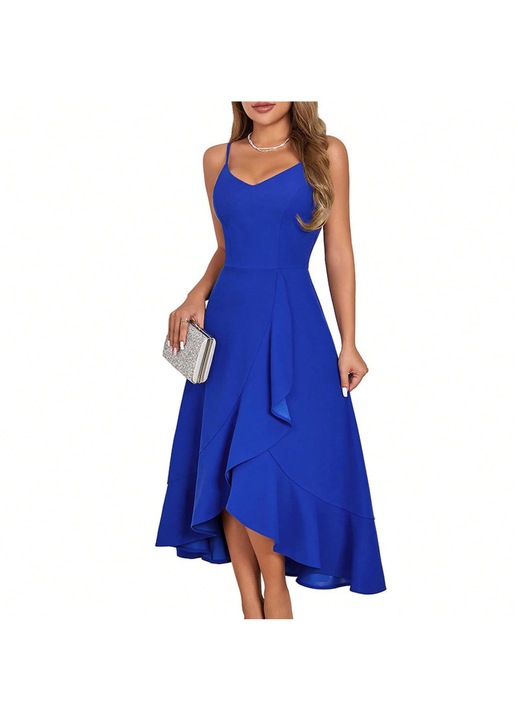 Rochie cocktail, guler halter, volane, albastru, slim