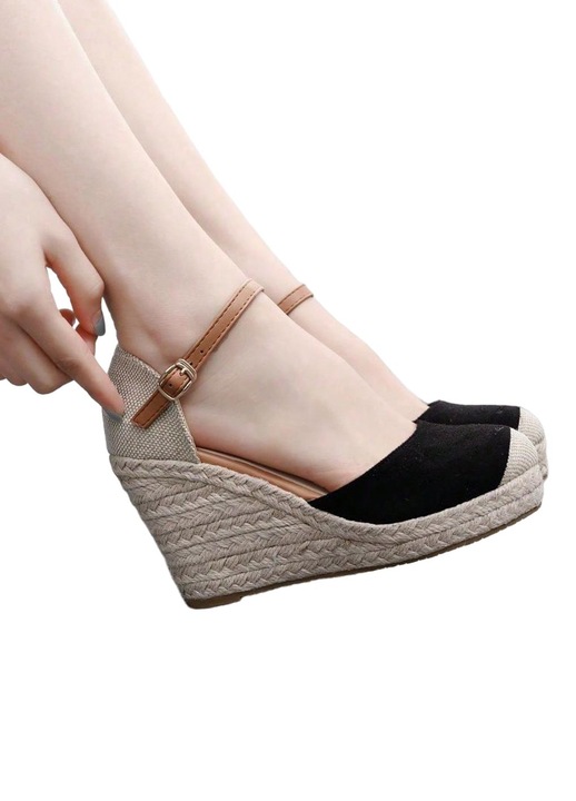 Sandale dama, toc inalt platforma 9cm, negru bej, rafie