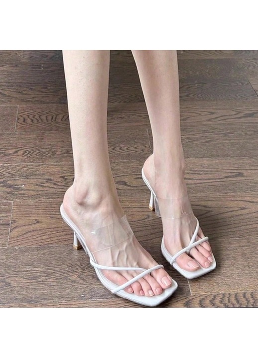 Sandale dama, toc inalt, transparente, bej, fabricatie noua, 35 EU
