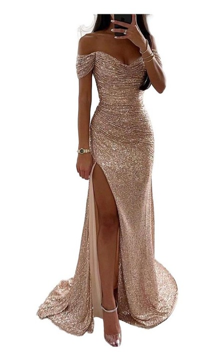 Rochie de seara, cu un umar, cu paiete, asimetrica, sampanie, fara maneci