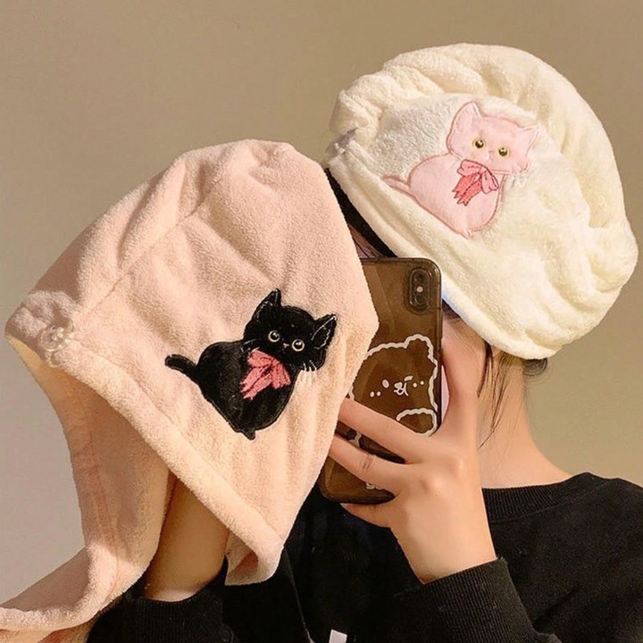 Кърпа за сушене на коса, OEM, дебела, розова, 25x65см, сладка котка