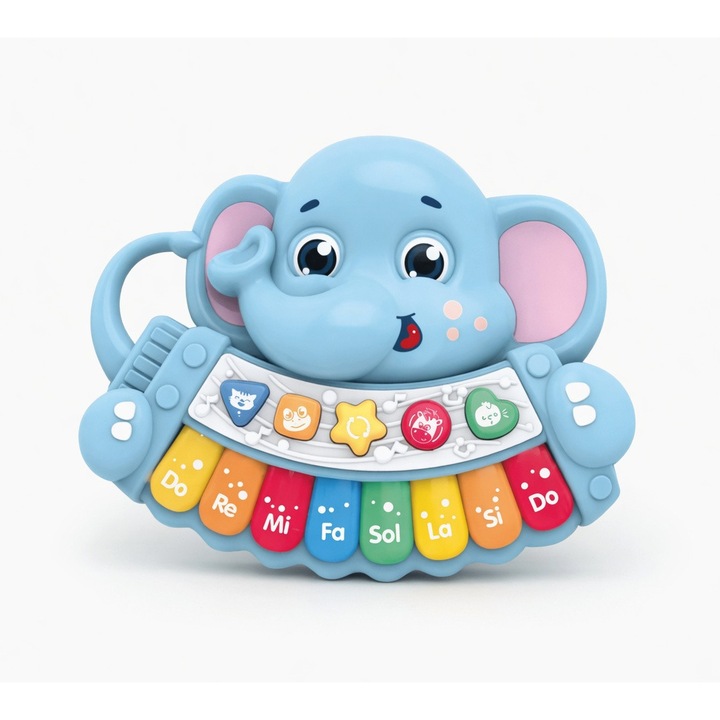 Interaktív Elefánt Zongora PinkBlue, Fényekkel, Állathangokkal és Színes Billentyűkkel, Kék, 18 Hónap+