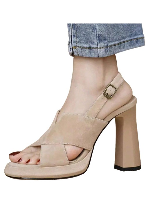 Sandale dama, toc gros, impermeabile, apricot