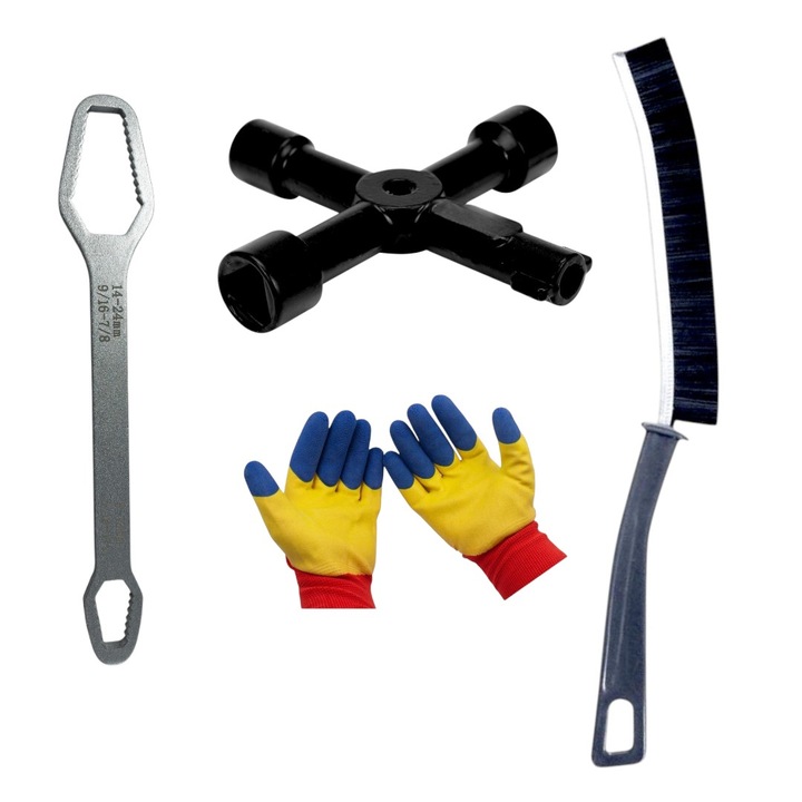 Cheie universala tip torx, 2 capete, dimensiuni 08-13/14-24 mm, cu auto strangere, otel carbon, lungime 23 cm cu Cheie multifunctionala, 4 in1 - rotund 6mm/triunghiular 10 mm/ patrat 8mm/ patrat 10 mm - si Set manusi protectie, /Perie ingusta 23 cm