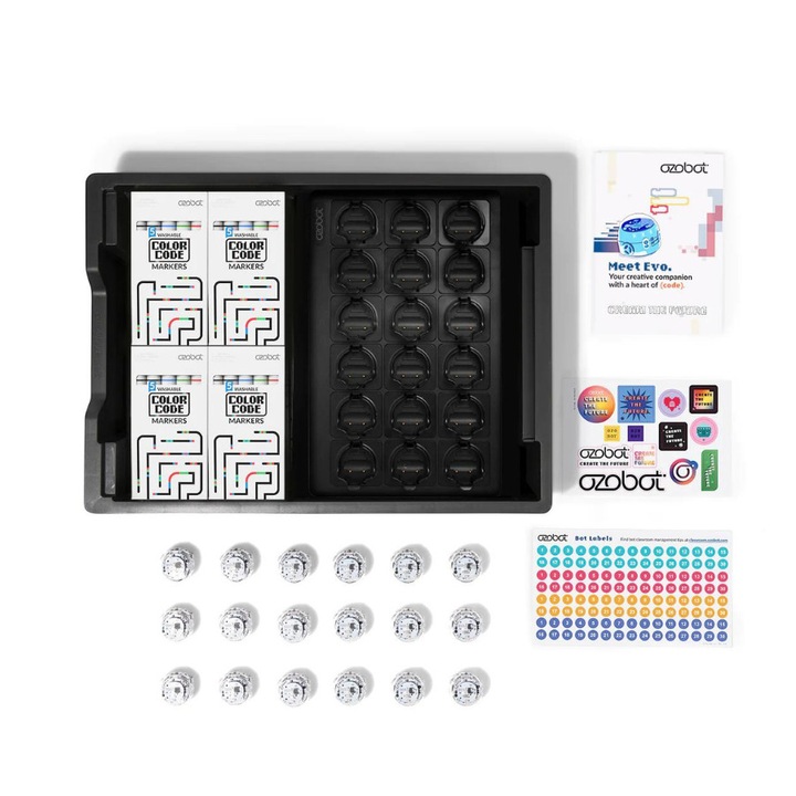 Комплект Ozobot Evo Classroom Kit, 18 робота, Програмируем, Bluetooth Low Energy, Безжично зареждане, Включени маркери, Комплект за дейности, Бял