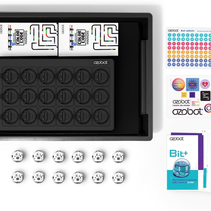 Ozobot Bit Plus Osztálytermi Készlet, 12 robot, Programozható, Arduino kompatibilis, Vezeték nélküli töltés, Filctollak mellékelve, Tevékenységkészlet, Fehér